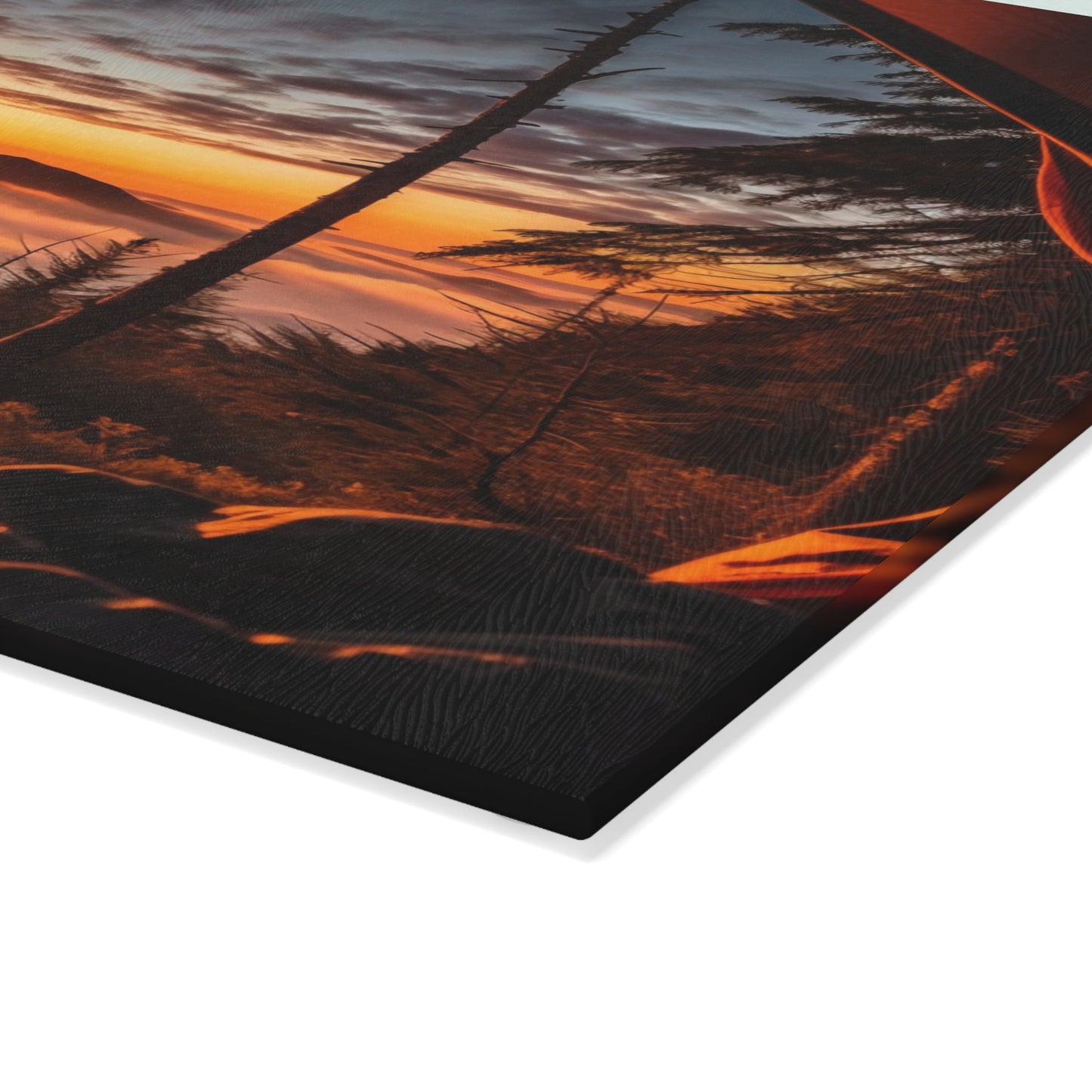 Sunrise Camping View Glass Cutting Board with Mountain Nature Scene