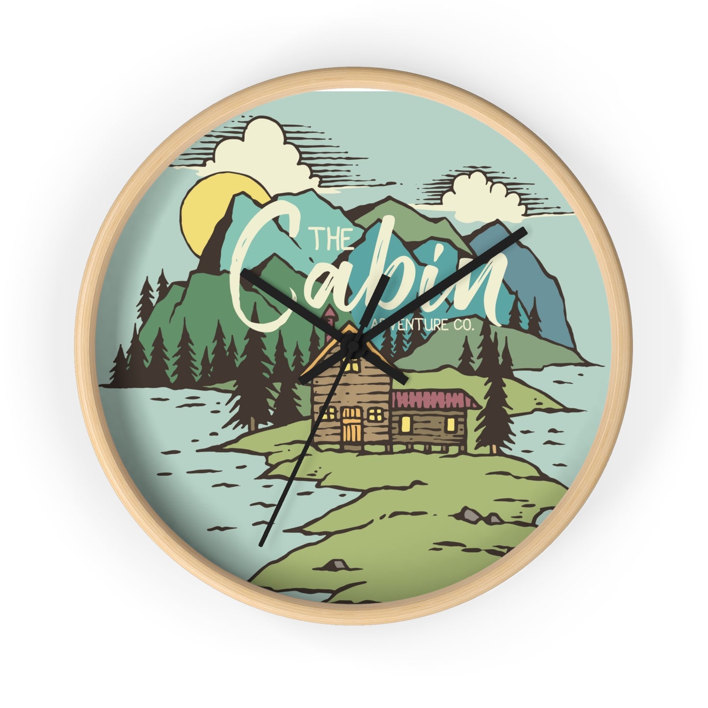 Cabin by the Lake Wall Clock - Cozy Nature Home Decor with Calm Mountain Illustration