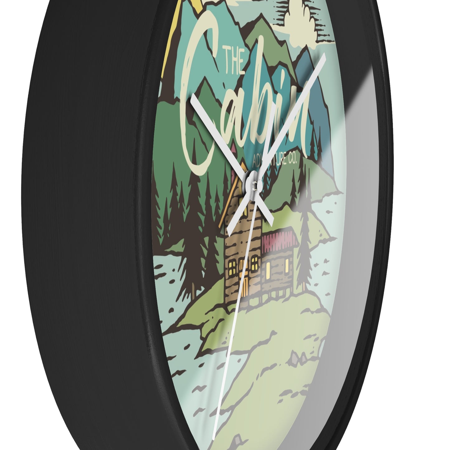 Cabin by the Lake Wall Clock - Cozy Nature Home Decor with Calm Mountain Illustration