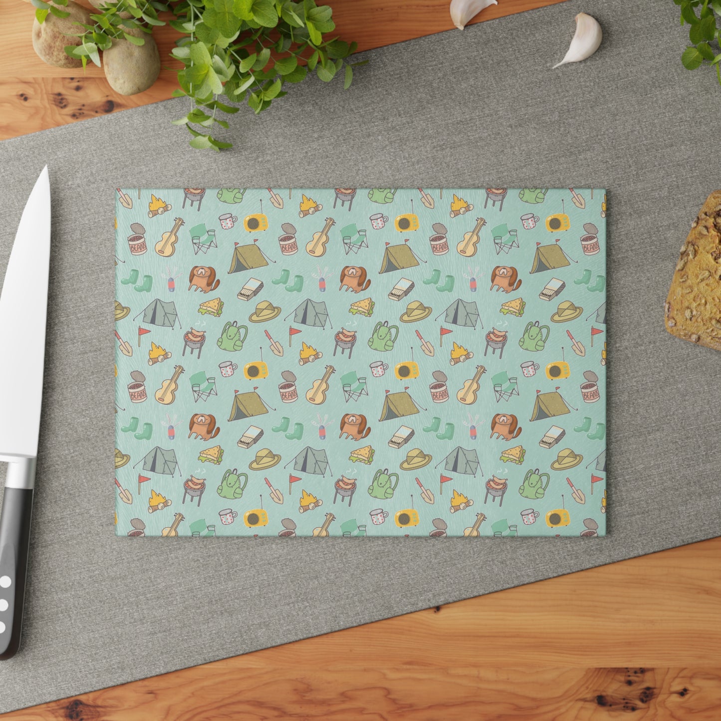 Camping Essentials Pattern Glass Cutting Board - Outdoor Kitchen Board for Campers & Adventure Lovers