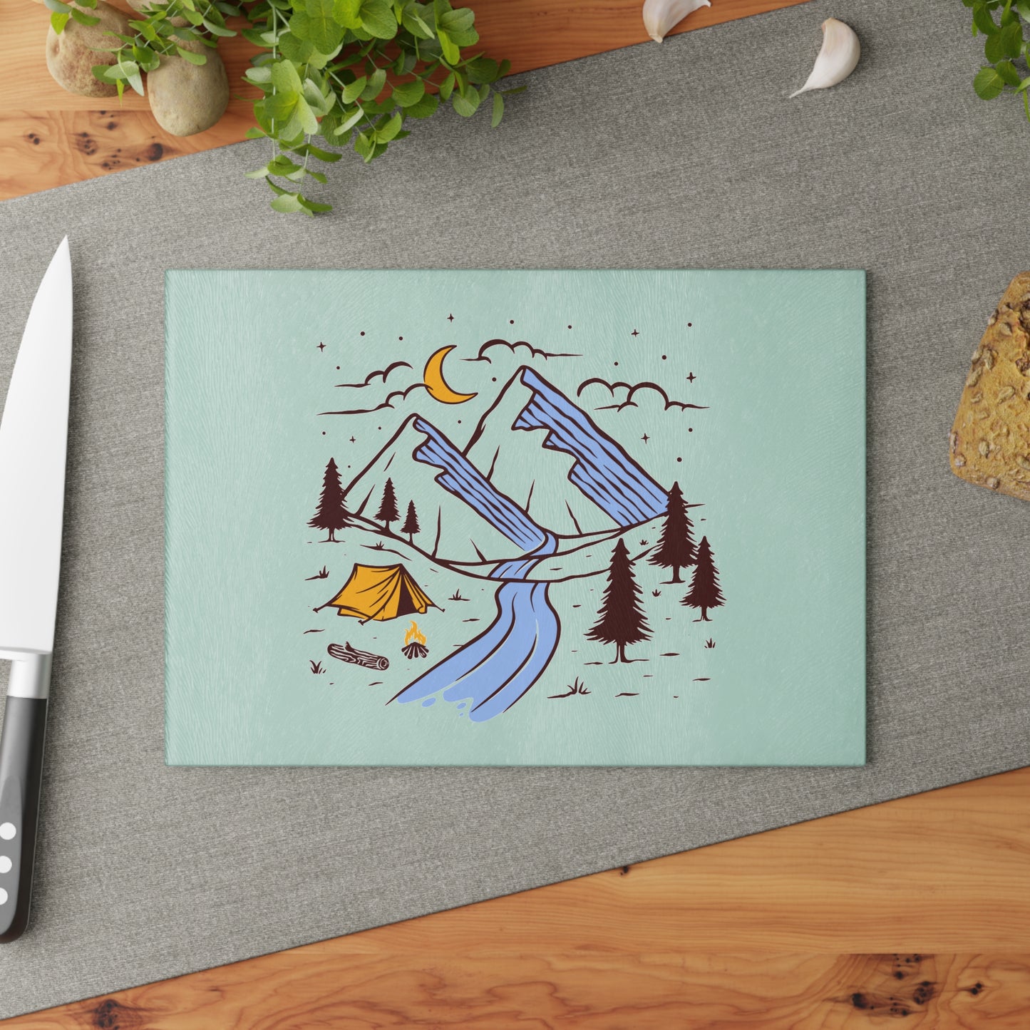 Moonlit Camping River Glass Cutting Board with Mountain Night Scene