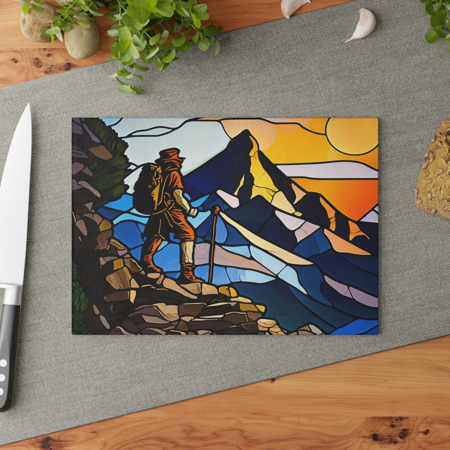 Adventure Hiker Glass Cutting Board - Mountain Explorer Kitchen Board for Outdoor & Travel Lovers