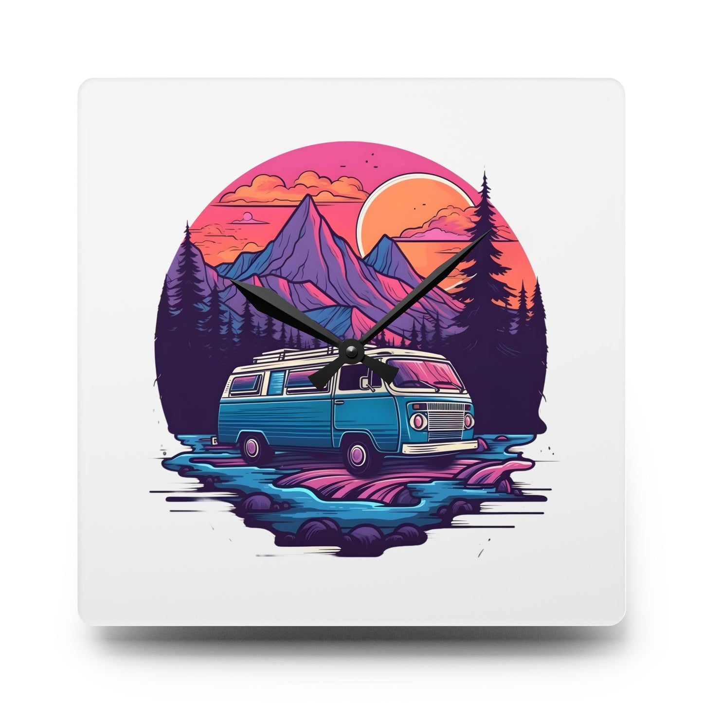 Van Life Mountain Acrylic Wall Clock - Modern Nature Home Decor with Scenic Adventure Art