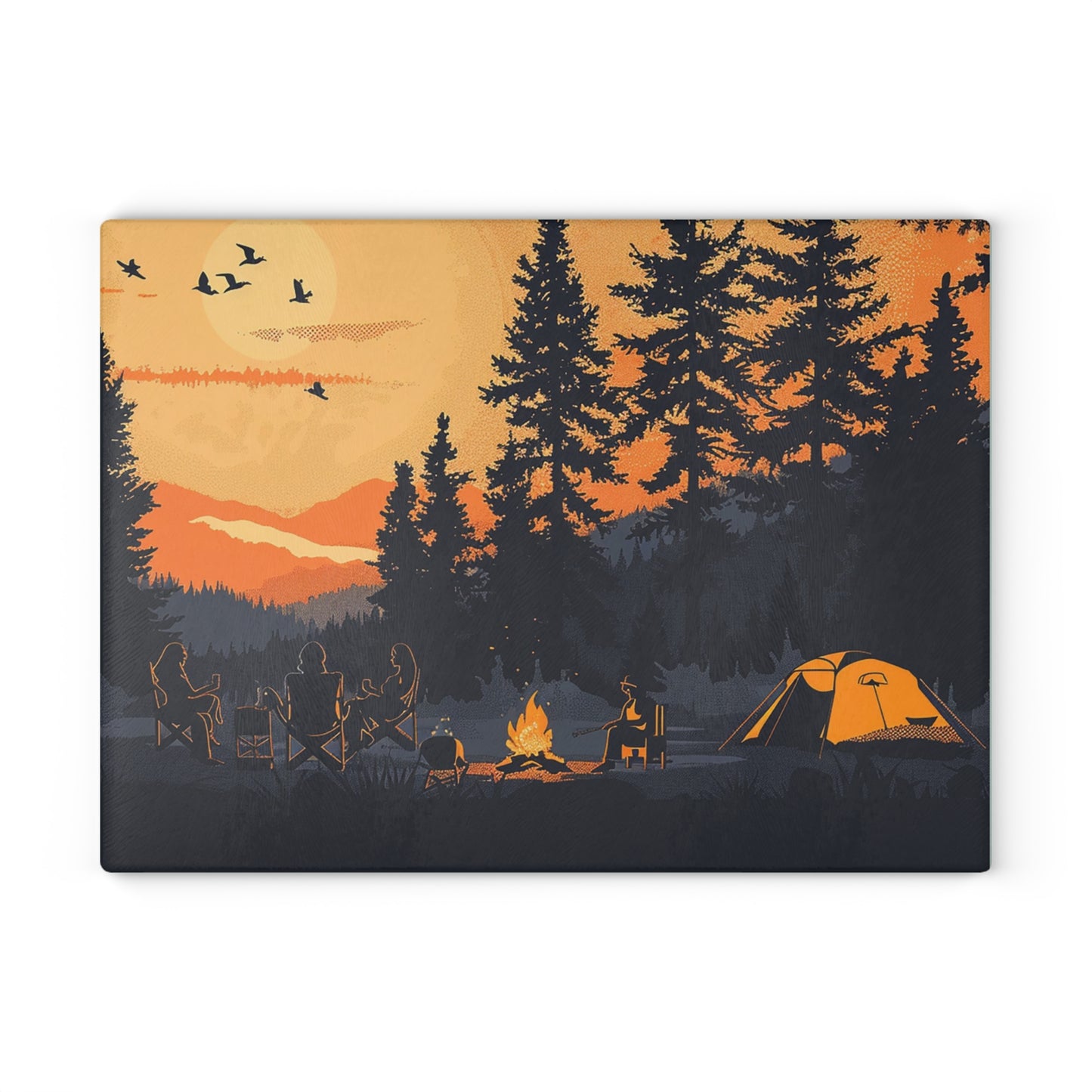 Camping Sunset Glass Cutting Board - Forest Campfire Kitchen Board, Outdoor Adventure Kitchen Decor