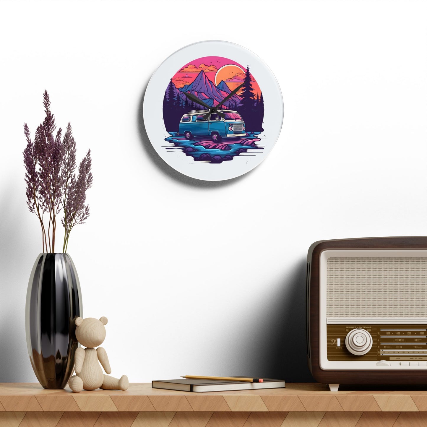 Van Life Mountain Acrylic Wall Clock - Modern Nature Home Decor with Scenic Adventure Art