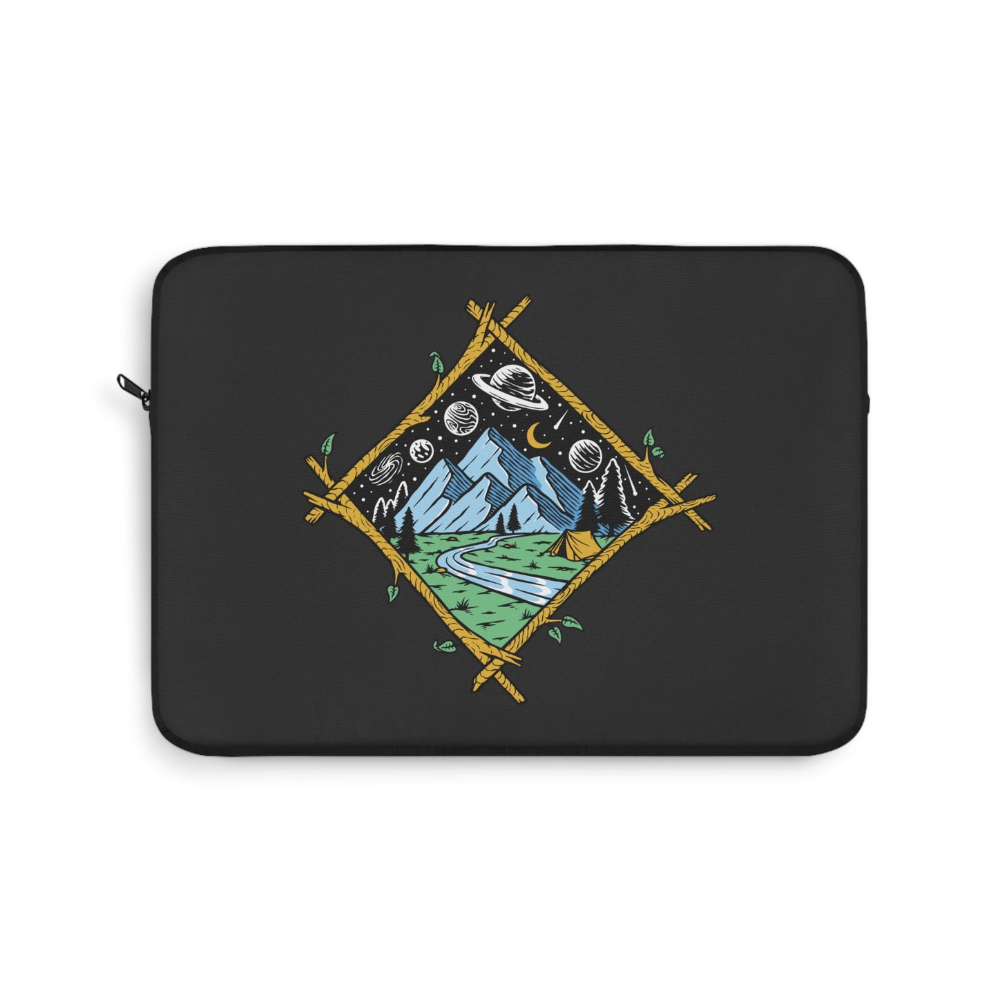 Cosmic Mountain Night Laptop Sleeve with Camping Illustration