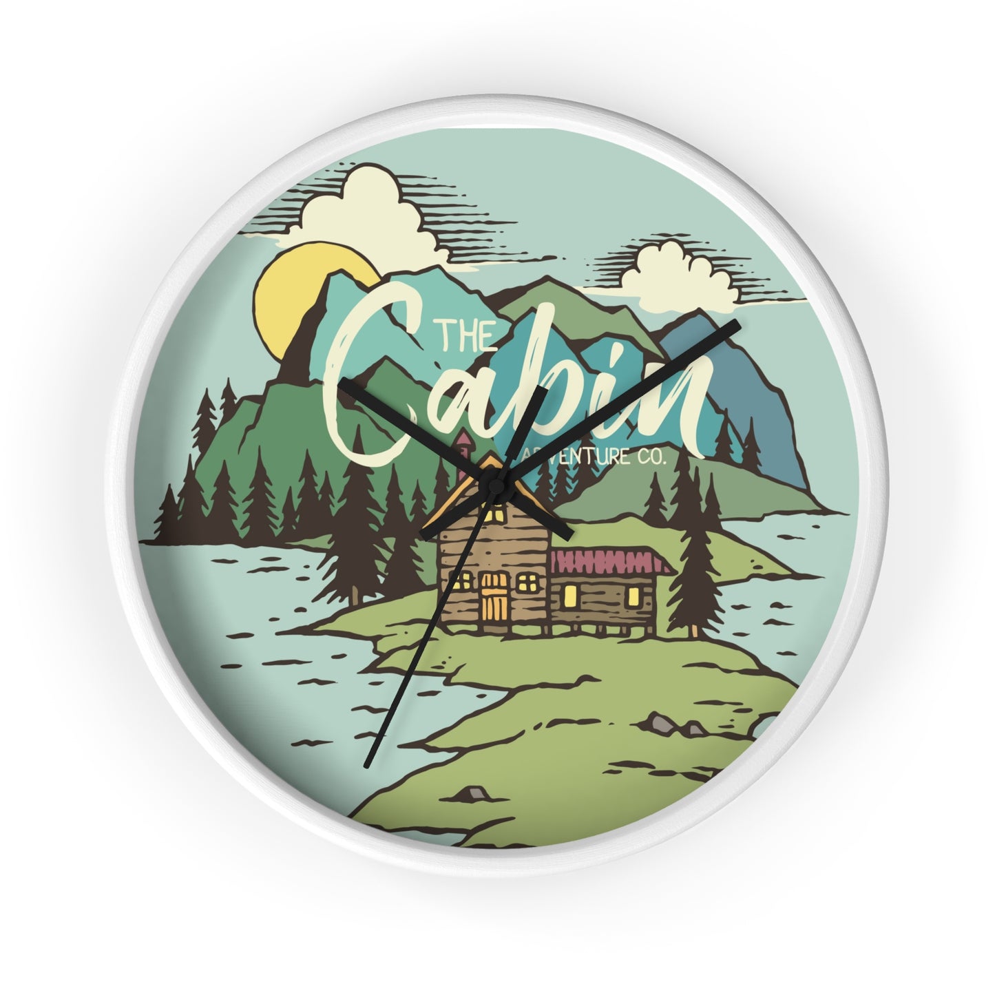 Cabin by the Lake Wall Clock - Cozy Nature Home Decor with Calm Mountain Illustration