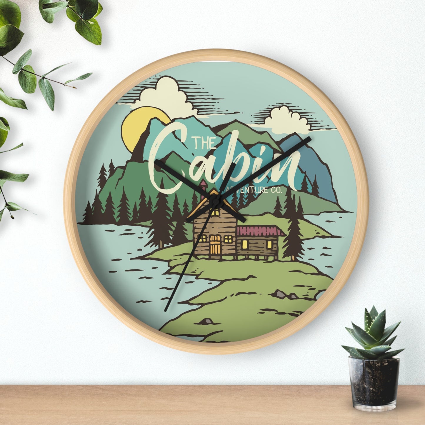 Cabin by the Lake Wall Clock - Cozy Nature Home Decor with Calm Mountain Illustration