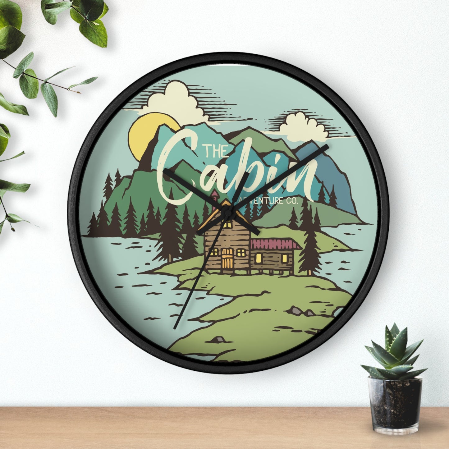Cabin by the Lake Wall Clock - Cozy Nature Home Decor with Calm Mountain Illustration