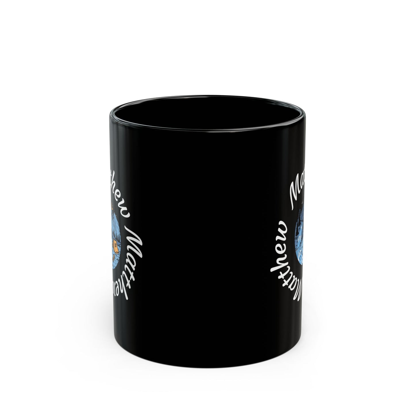 Personalized Circular Name Night Camp Black Mug - Custom Repeating Name Mountain Coffee Cup