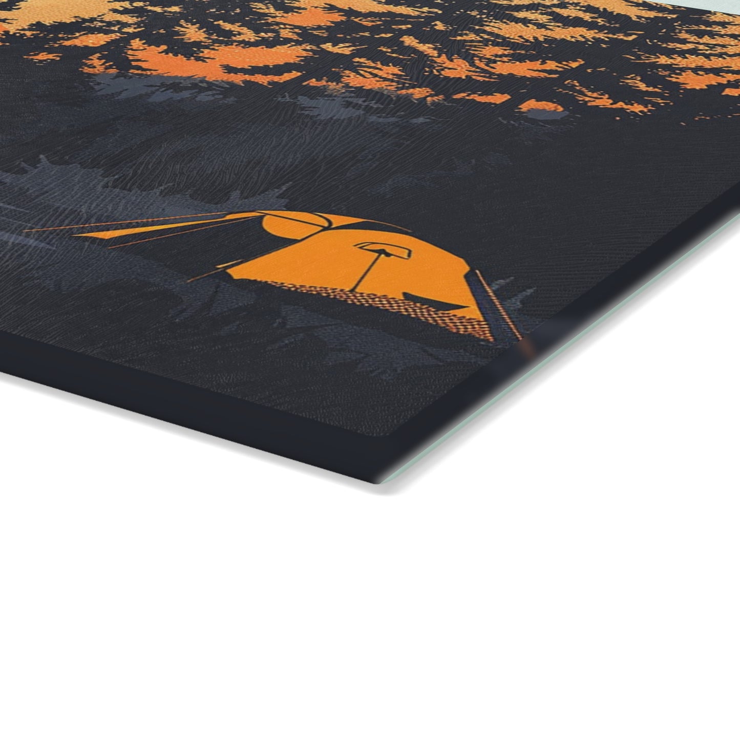 Camping Sunset Glass Cutting Board - Forest Campfire Kitchen Board, Outdoor Adventure Kitchen Decor