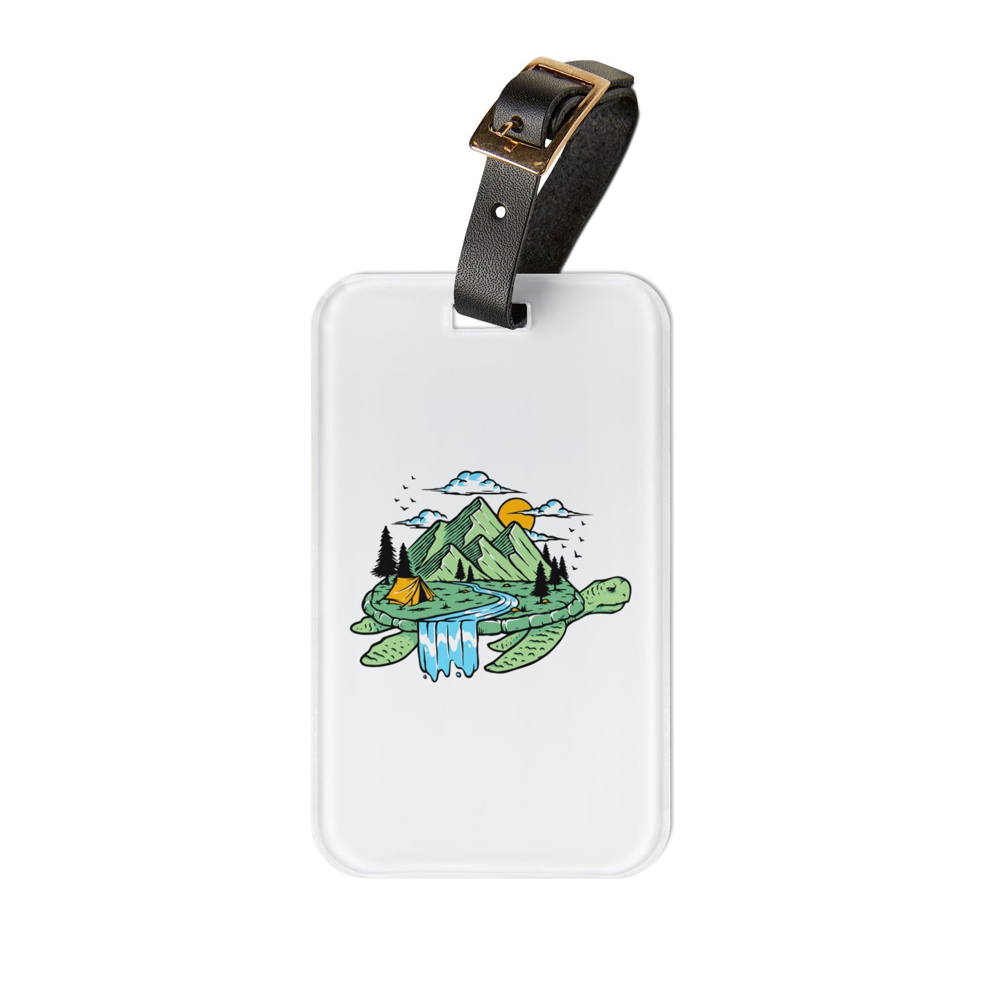 Adventure Turtle Luggage Tag - Nature Travel Bag Tag with Mountain & Camping Illustration for Explorers