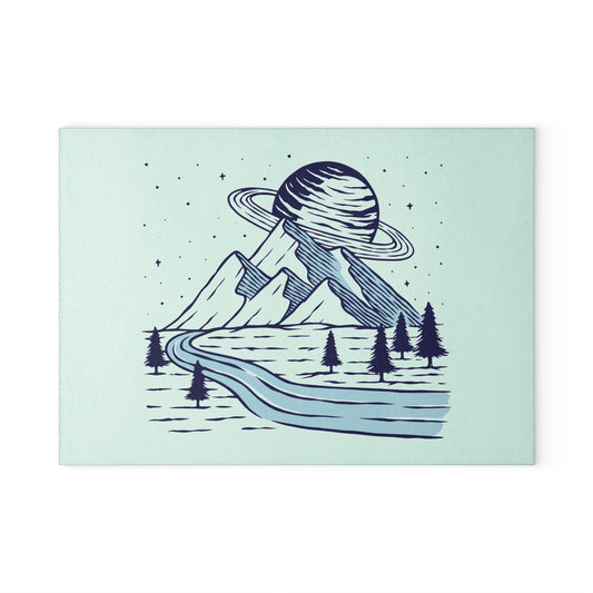 Cosmic Mountain River Glass Cutting Board with Night Nature Illustration