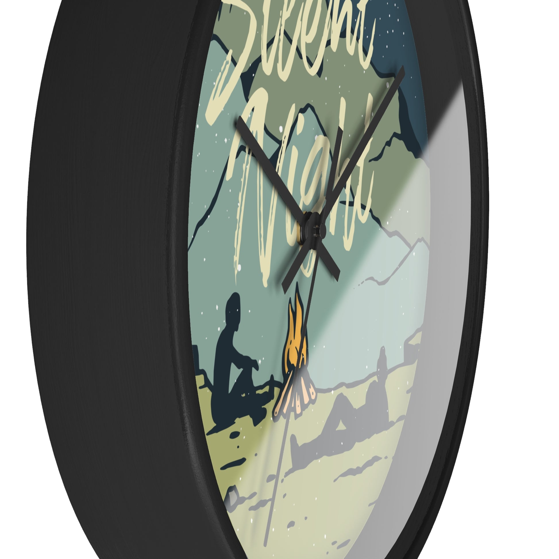 Camping wall clock – angled view, black frame, black hands