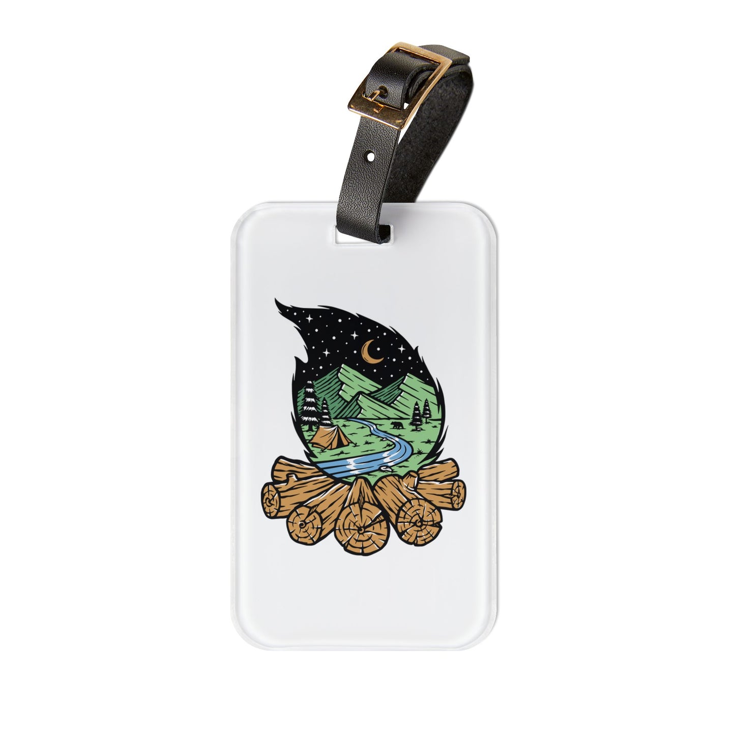 Night Campfire Landscape Luggage Tag with Mountain Nature Illustration