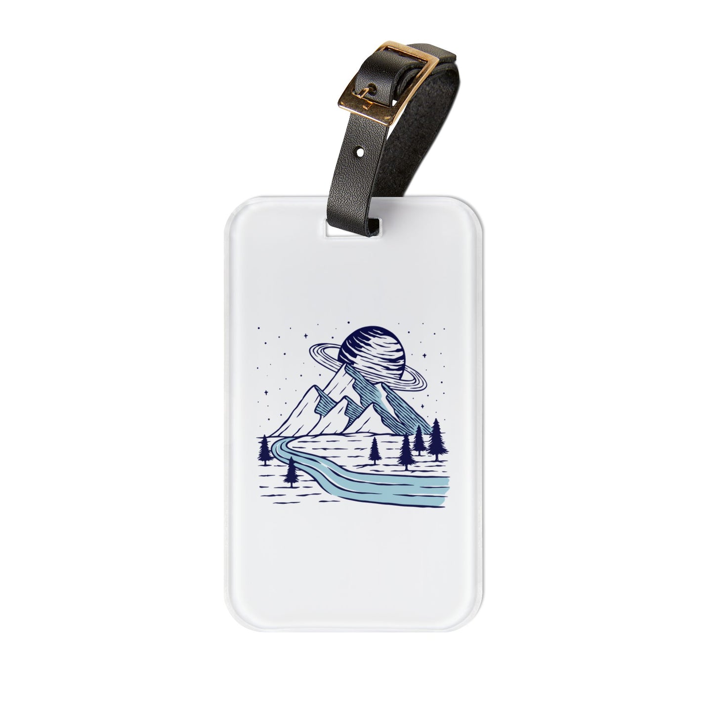 Cosmic Mountain River Luggage Tag with Night Nature Illustration