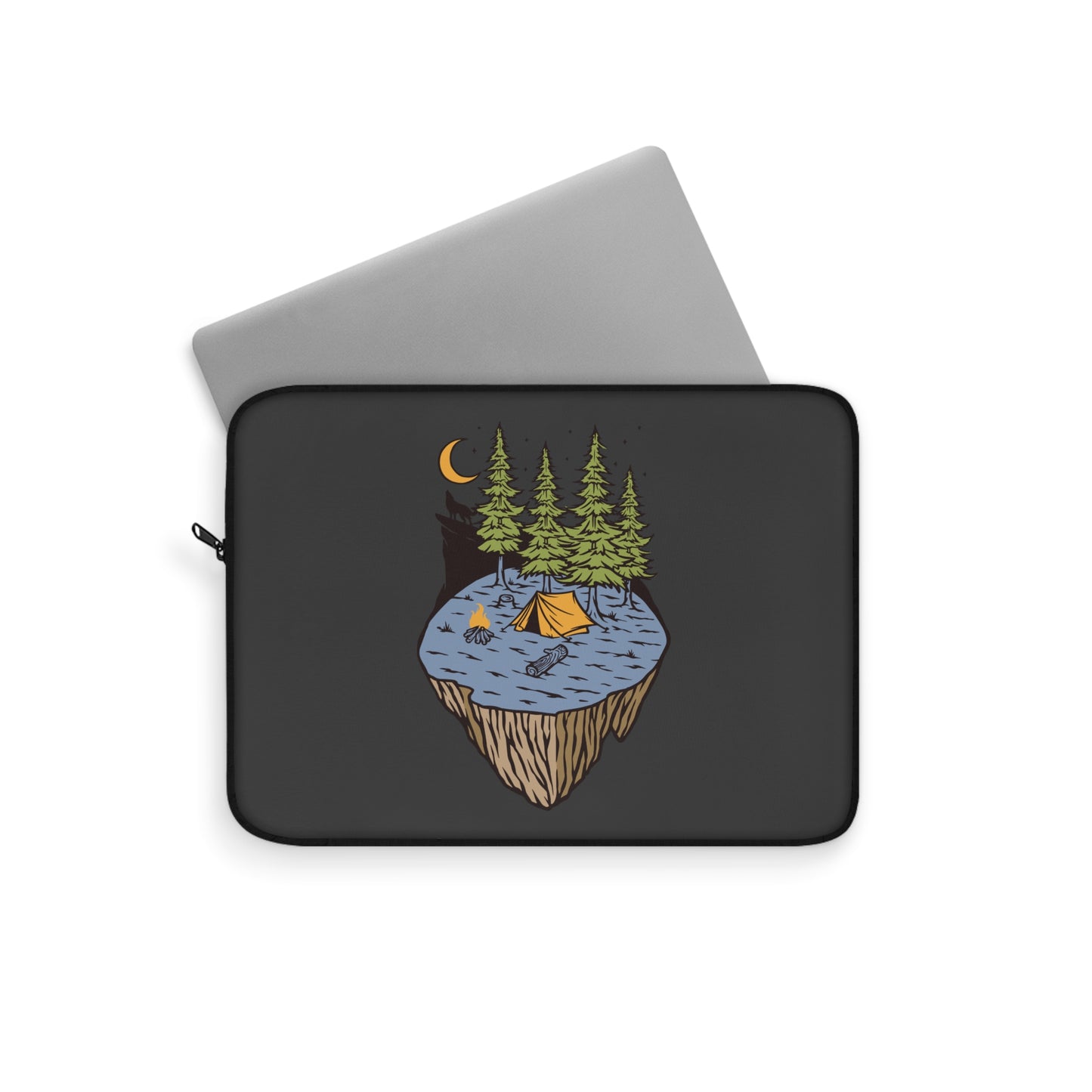 Floating Forest Night Laptop Sleeve with Camping Nature Illustration