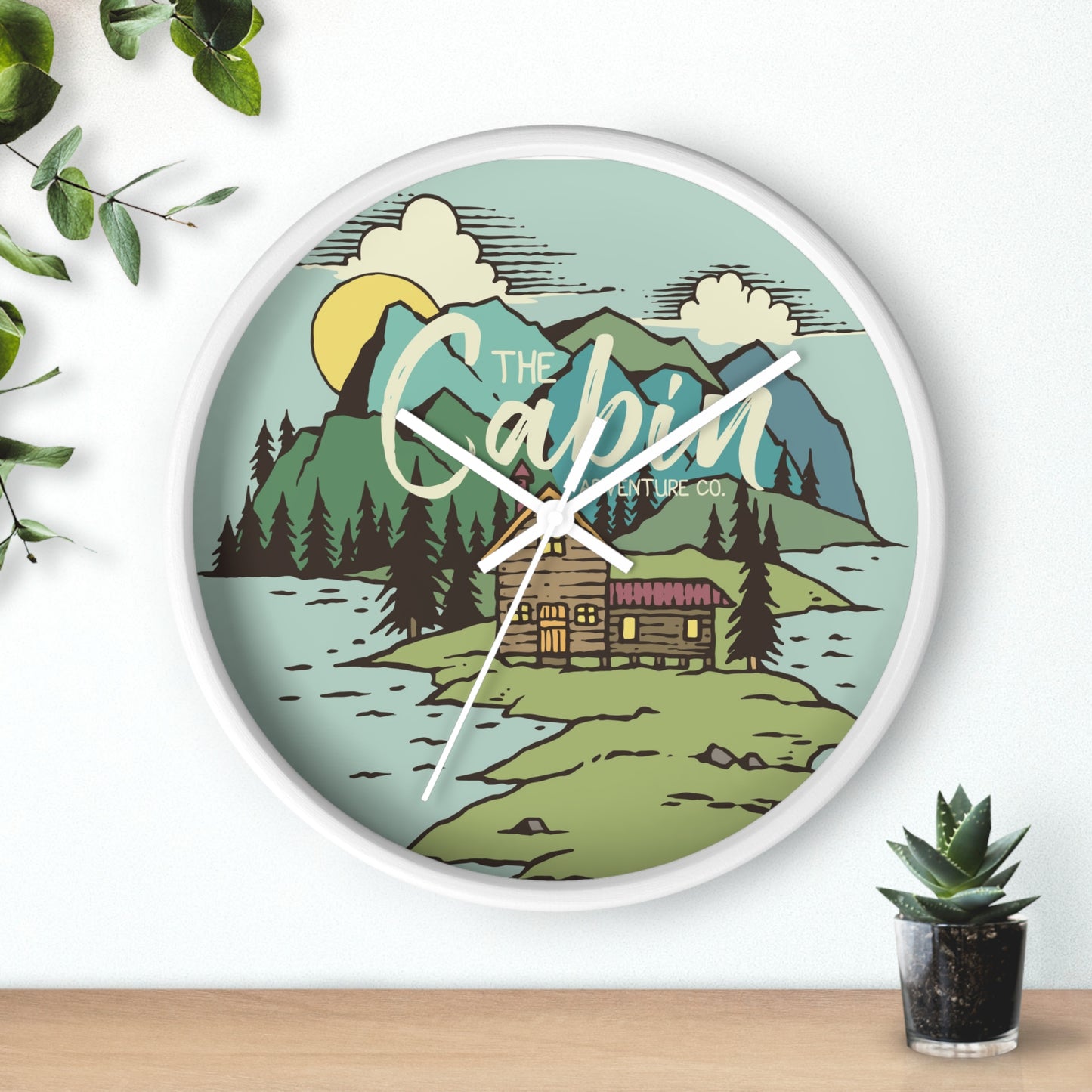 Cabin by the Lake Wall Clock - Cozy Nature Home Decor with Calm Mountain Illustration