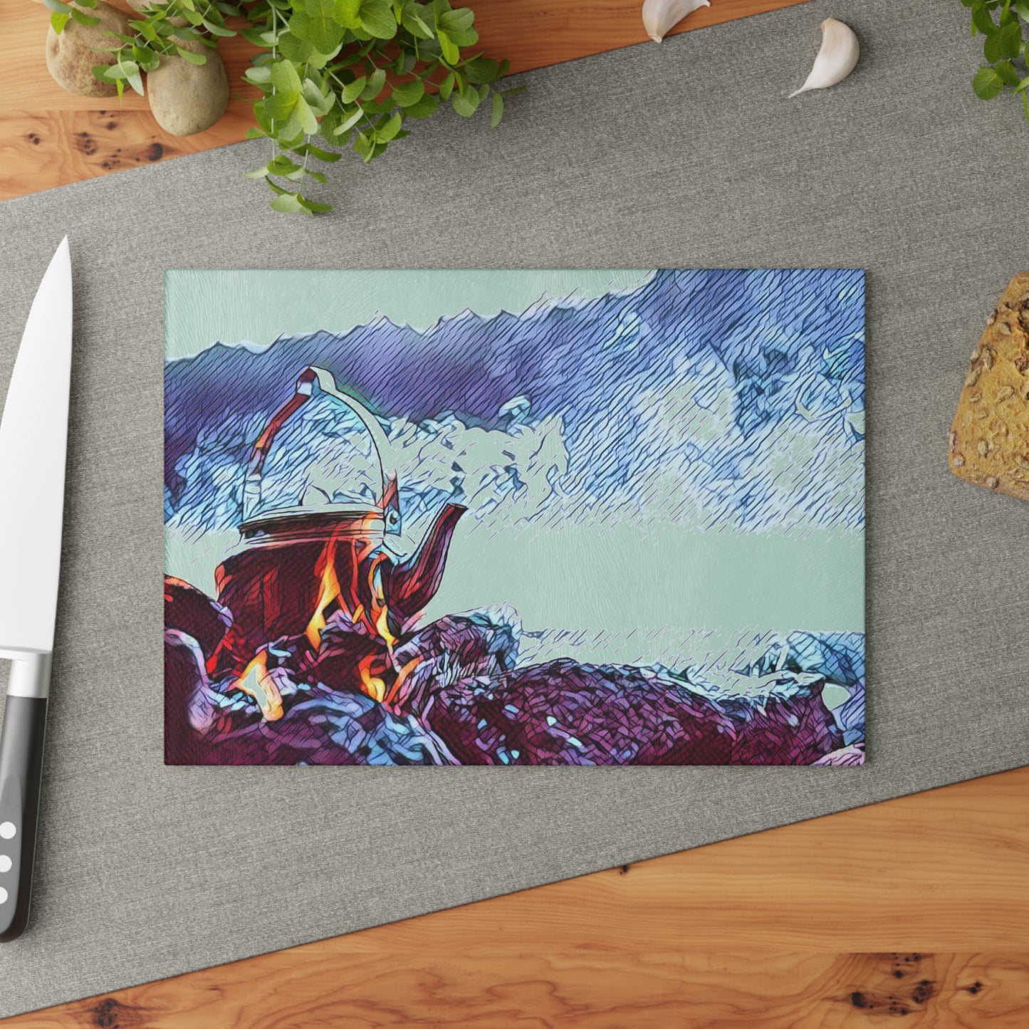 Camping Coffee Mouse Pad - Mountain Campfire Desk Mat, Outdoor Adventure Nature Illustration
