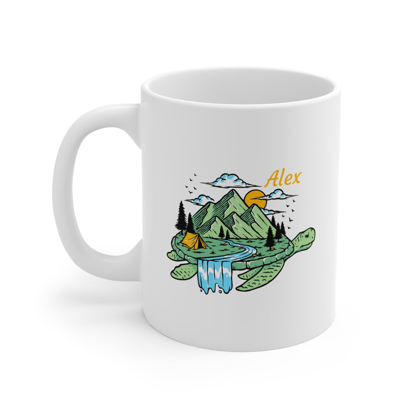 Personalized Turtle Nature Mug - Custom Name Mountain & River Illustration Coffee Cup