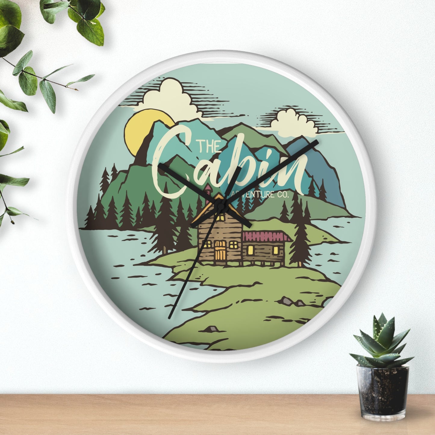 Cabin by the Lake Wall Clock - Cozy Nature Home Decor with Calm Mountain Illustration