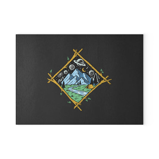 Cosmic Mountain Frame Glass Cutting Board with Camping Night Illustration