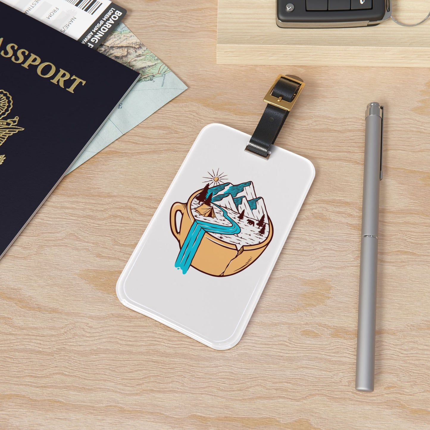 Mountain Coffee Adventure Luggage Tag with Camping Nature Illustration