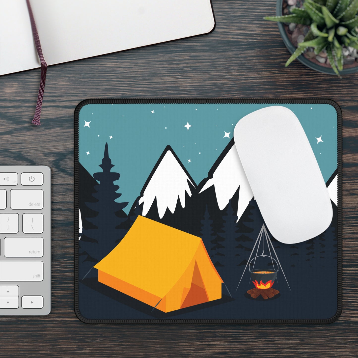 Night Camping Mouse Pad - Cozy Nature Desk Decor with Stars and Mountain Silhouettes