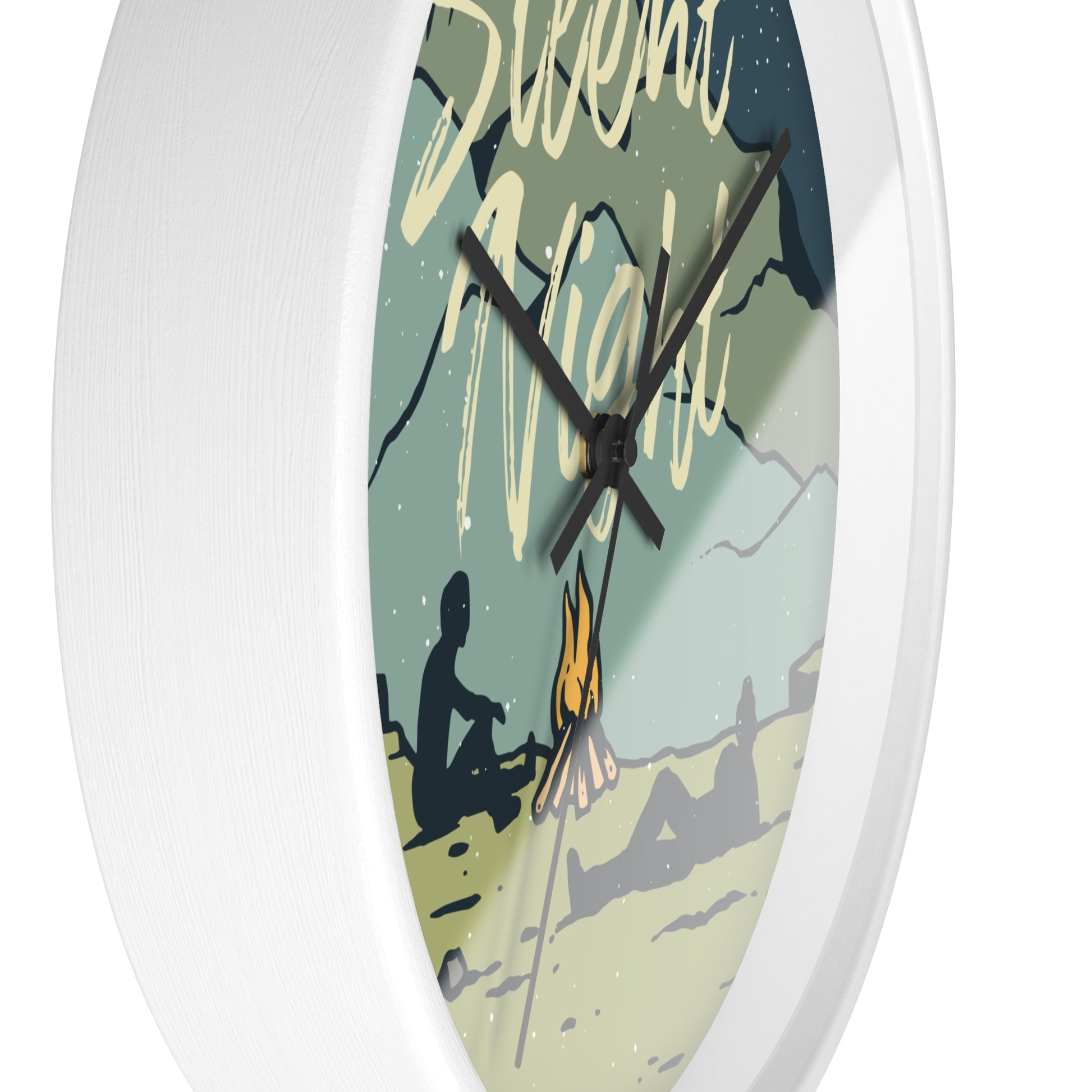 Camping wall clock hands close-up - white frame, black hands