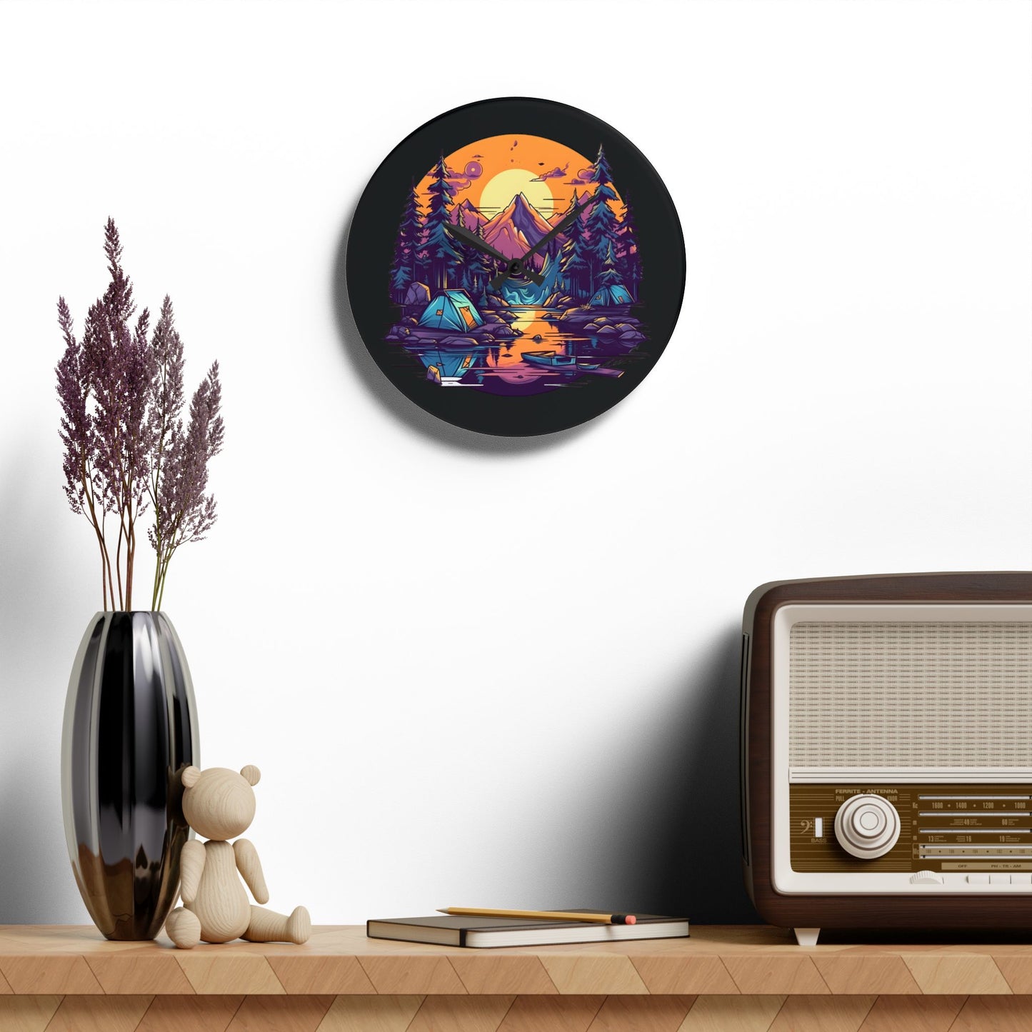 Mountain Lake Camping Acrylic Wall Clock - Modern Nature Home Decor with Scenic Outdoor Art