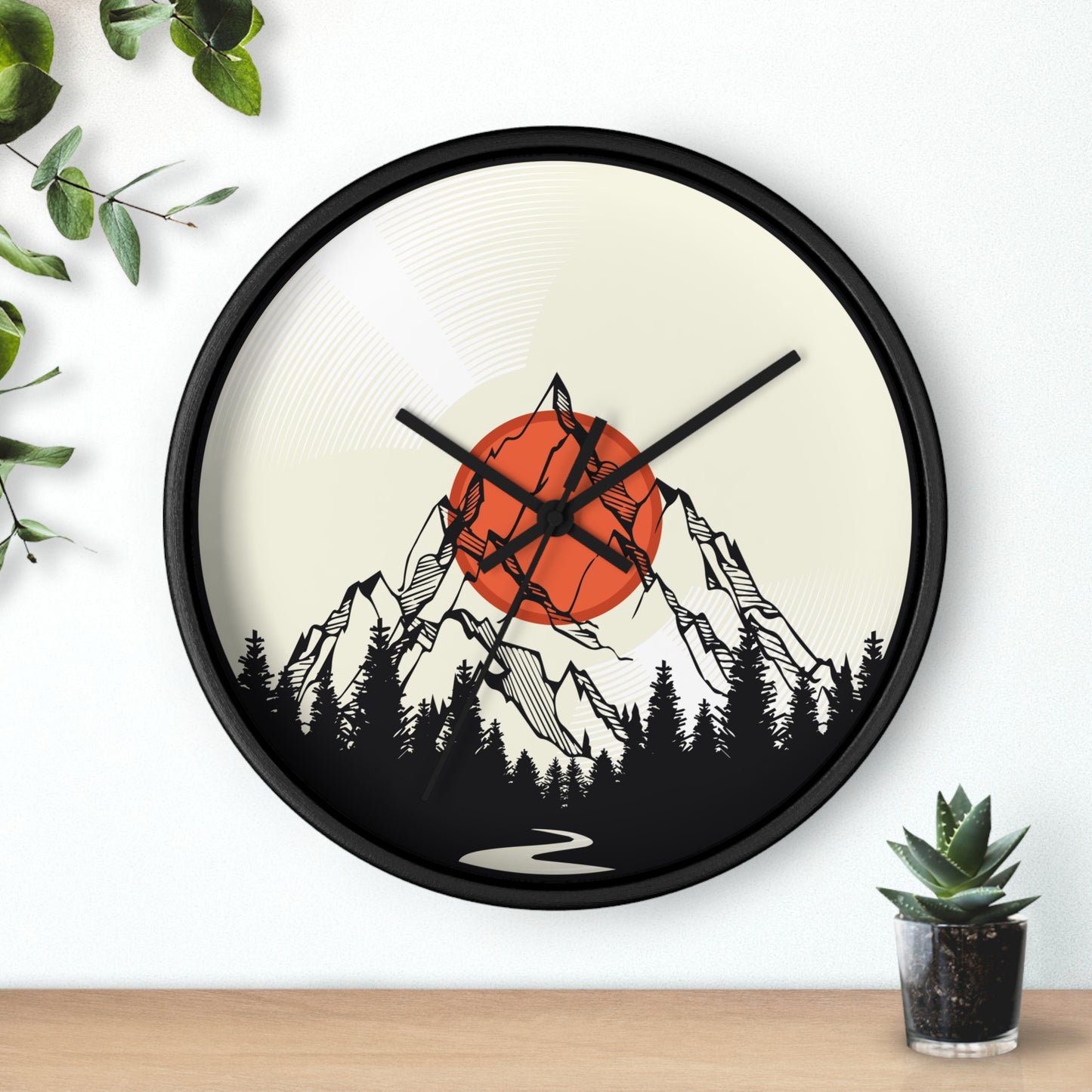 Mountain Sunrise Wall Clock - Minimal Forest & Peak Illustration, Modern Nature Decor