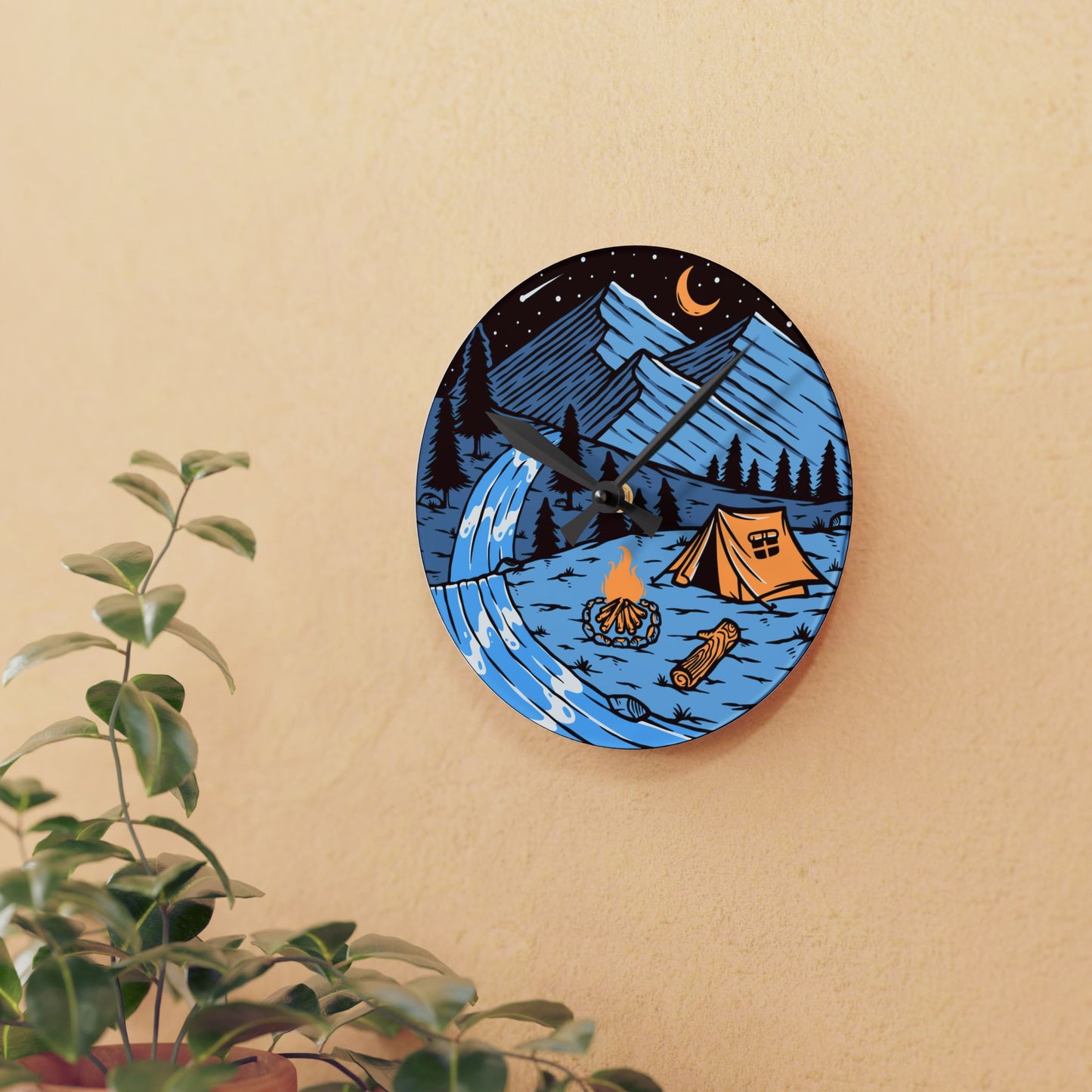 Night Camping Acrylic Wall Clock - Modern Nature Home Decor with River and Campfire Scene