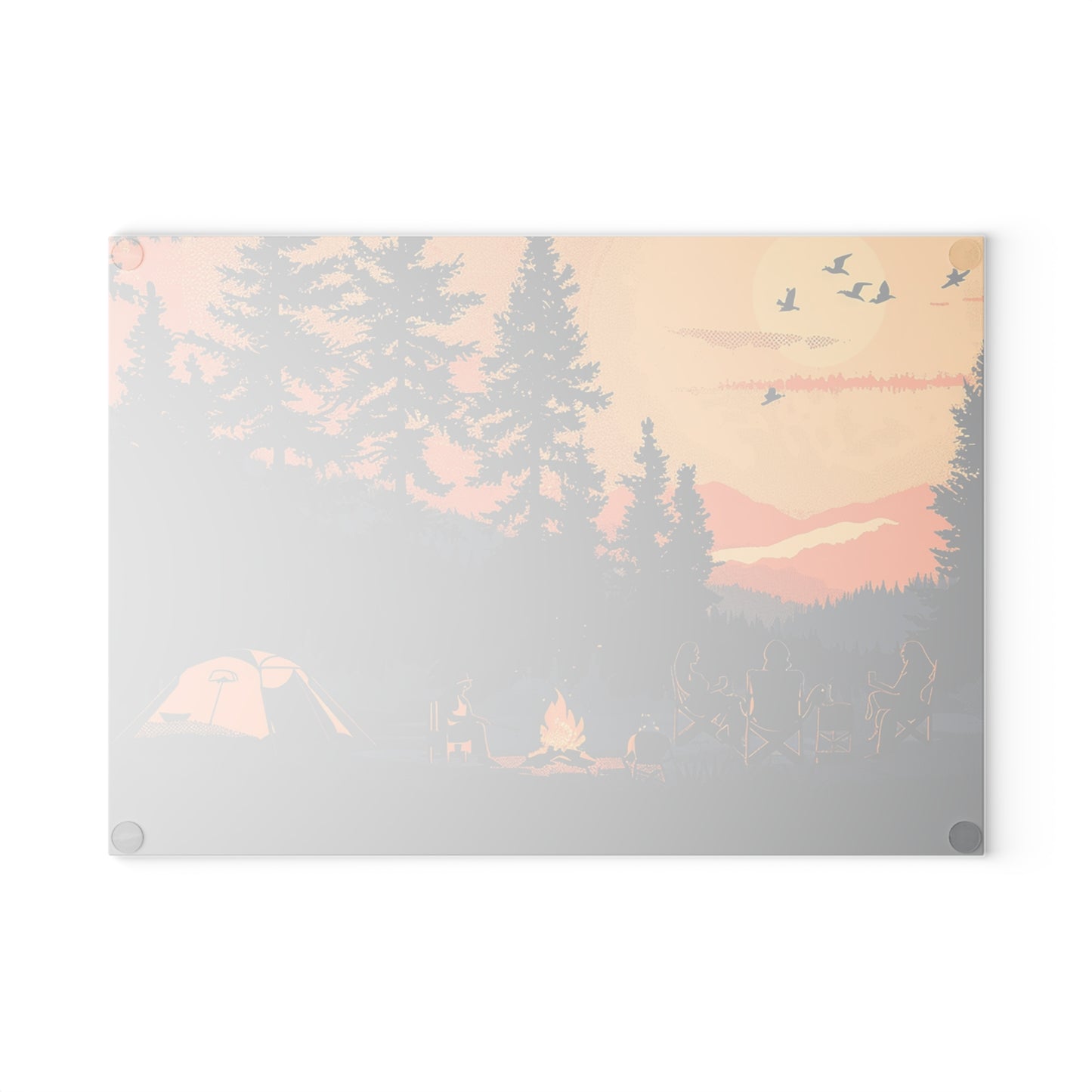 Camping Sunset Glass Cutting Board - Forest Campfire Kitchen Board, Outdoor Adventure Kitchen Decor