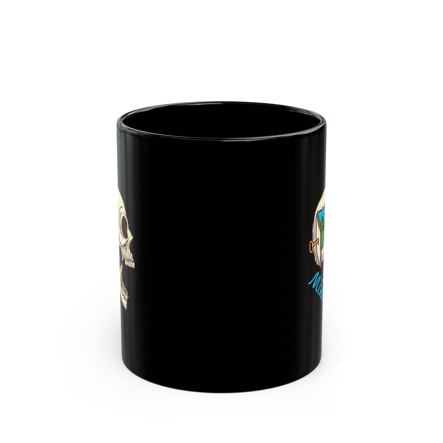 Personalized Skull Nature Black Mug - Custom Name Adventure Coffee Mug with Mountain Landscape Illustration