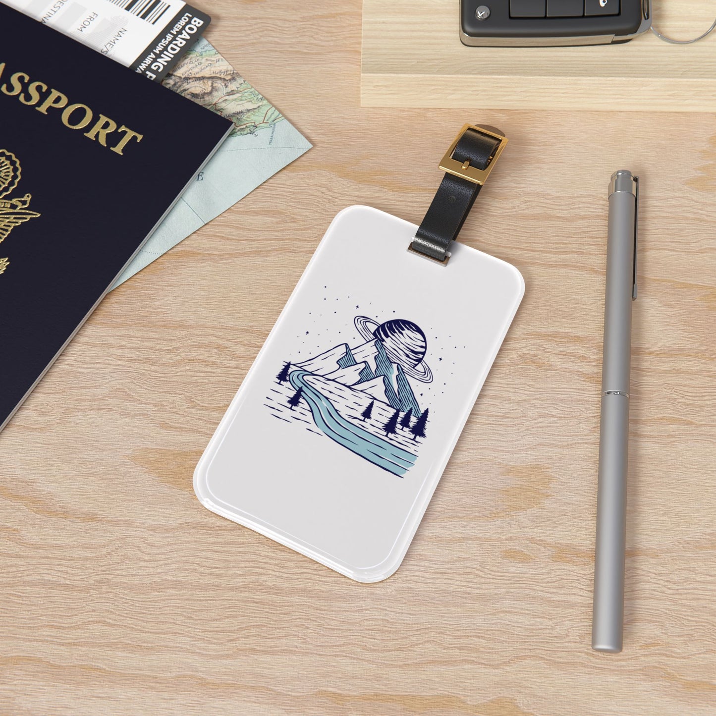 Cosmic Mountain River Luggage Tag with Night Nature Illustration