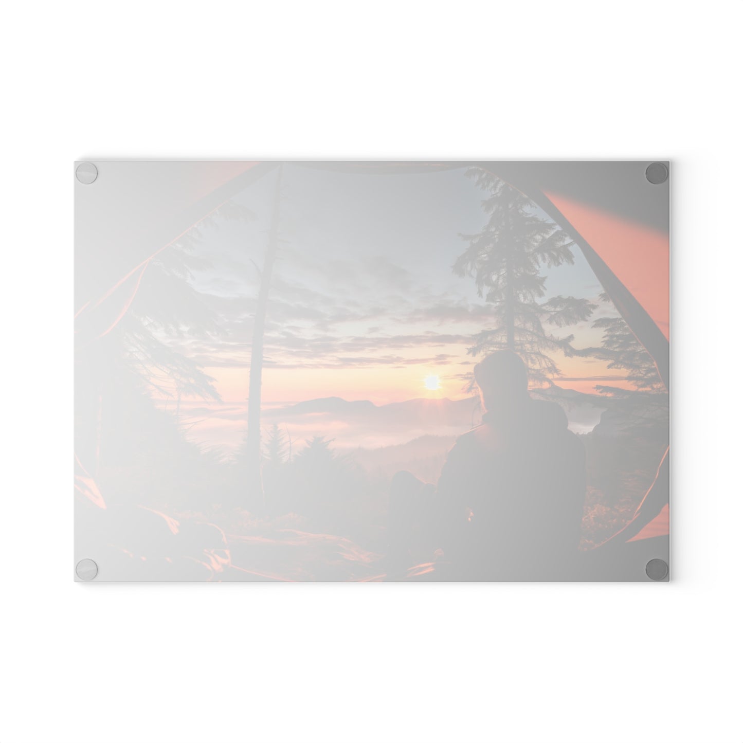 Sunrise Camping View Glass Cutting Board with Mountain Nature Scene