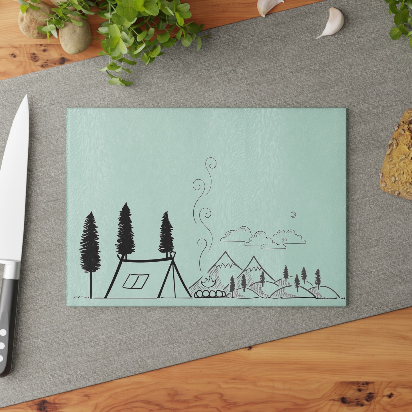 Camping Line Art Mouse Pad - Minimalist Nature Desk Mat, Tent Mountains Forest Illustration