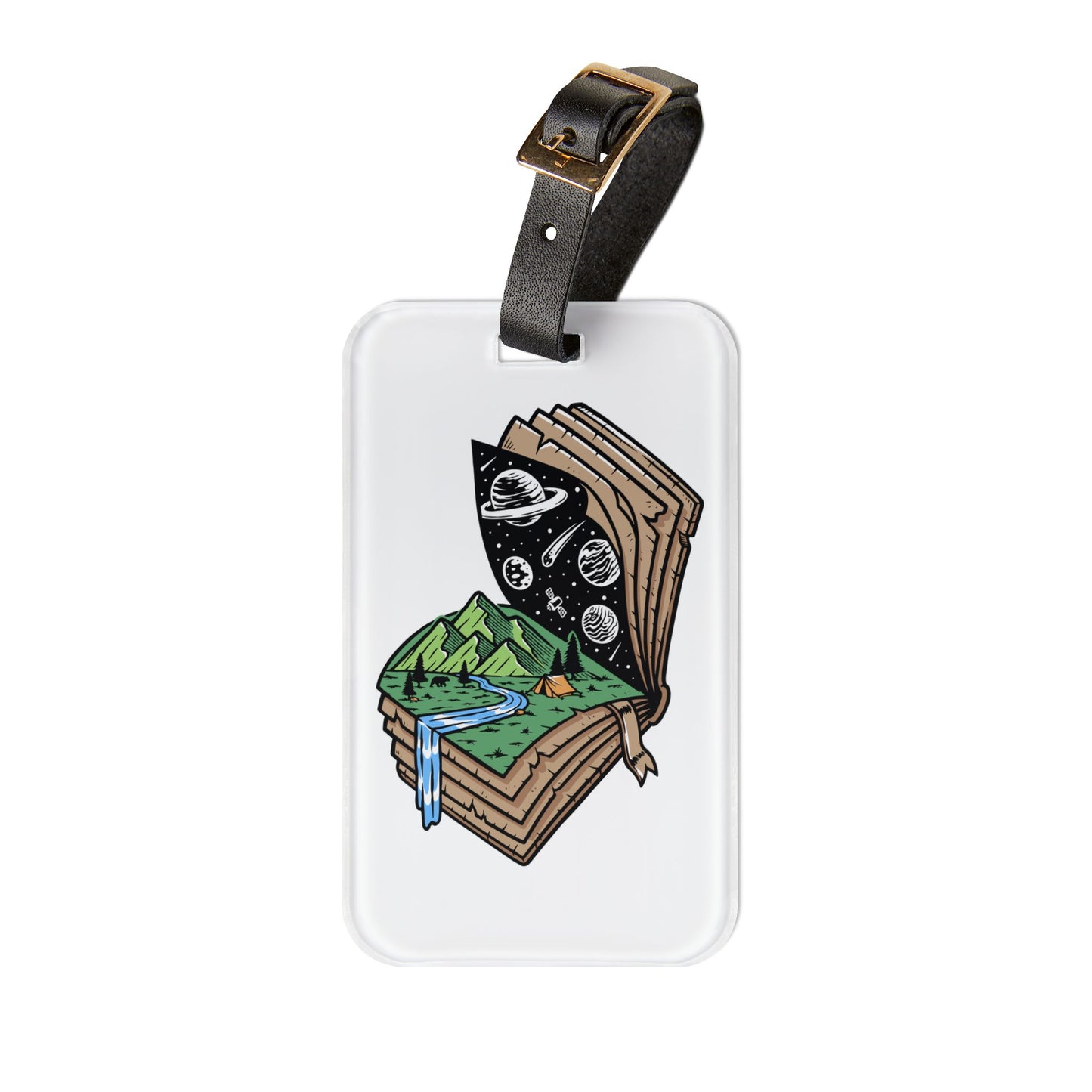 Adventure Book Luggage Tag - Travel Bag Tag with Mountains, River & Night Sky Illustration