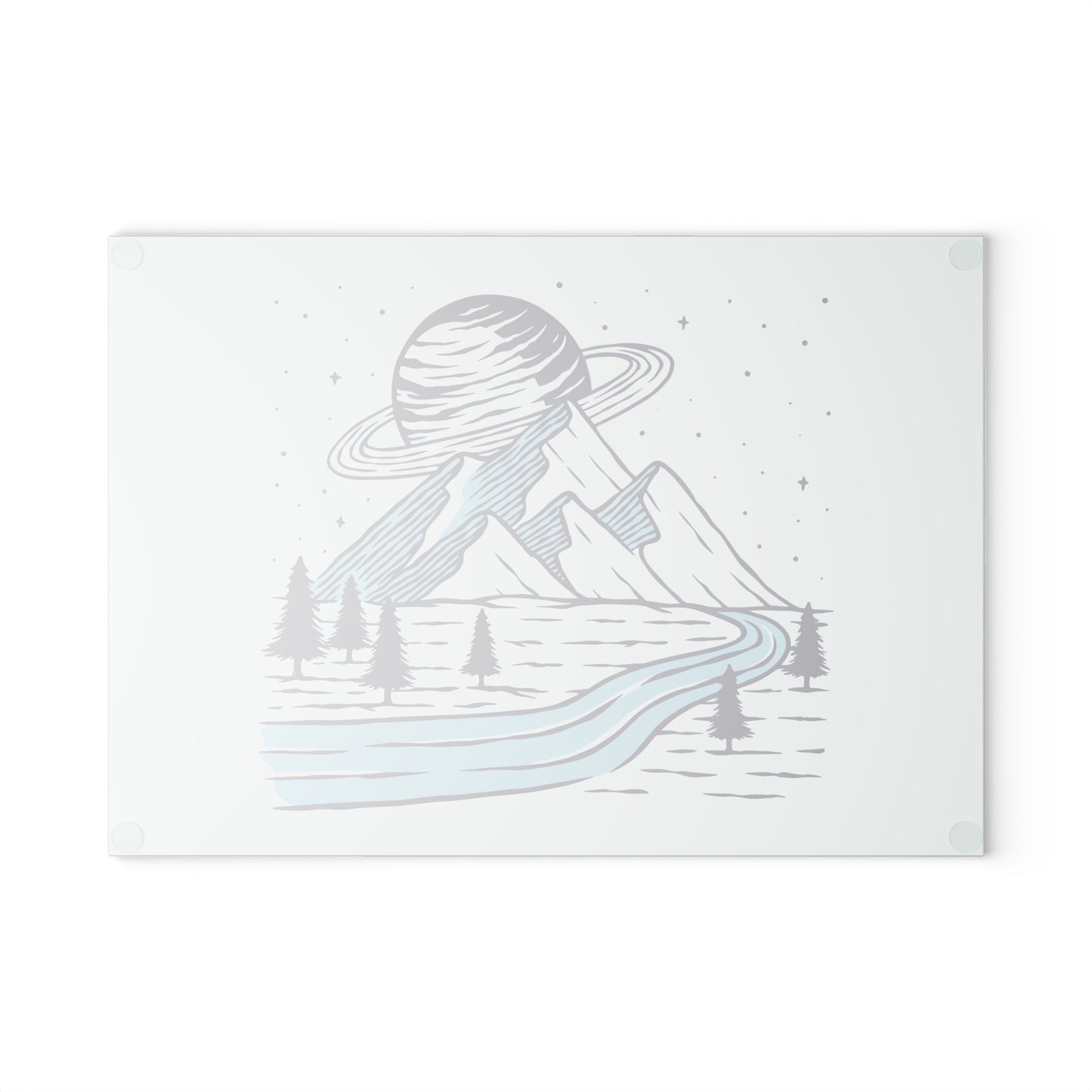 Cosmic Mountain River Glass Cutting Board with Night Nature Illustration