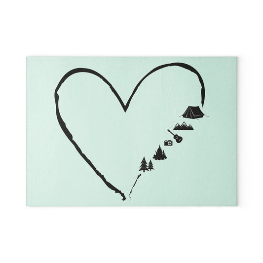 Camping Heart Glass Cutting Board - Outdoor Love Design for Campers, Adventure & Nature Lovers
