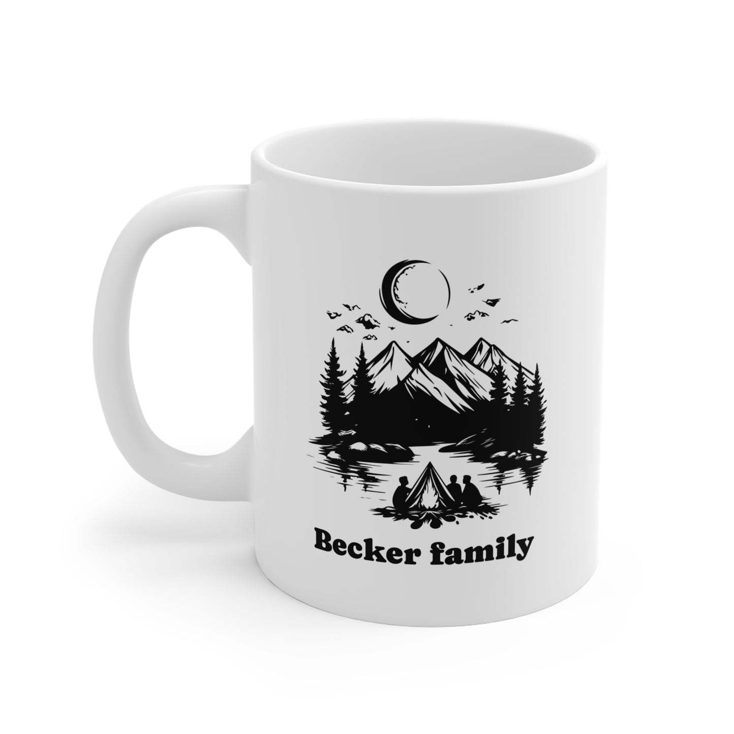 Personalized Family Camping Mug - Custom Surname Night Campfire Mountain Coffee Cup