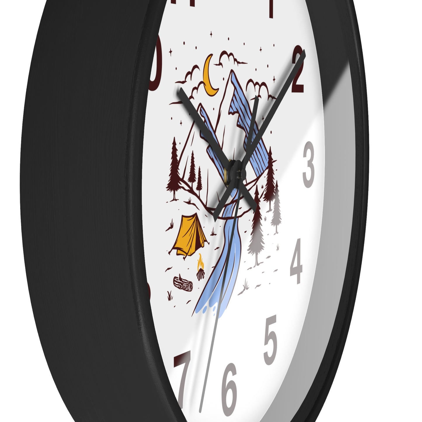Mountain Camping Night Wall Clock with Forest and River Illustration
