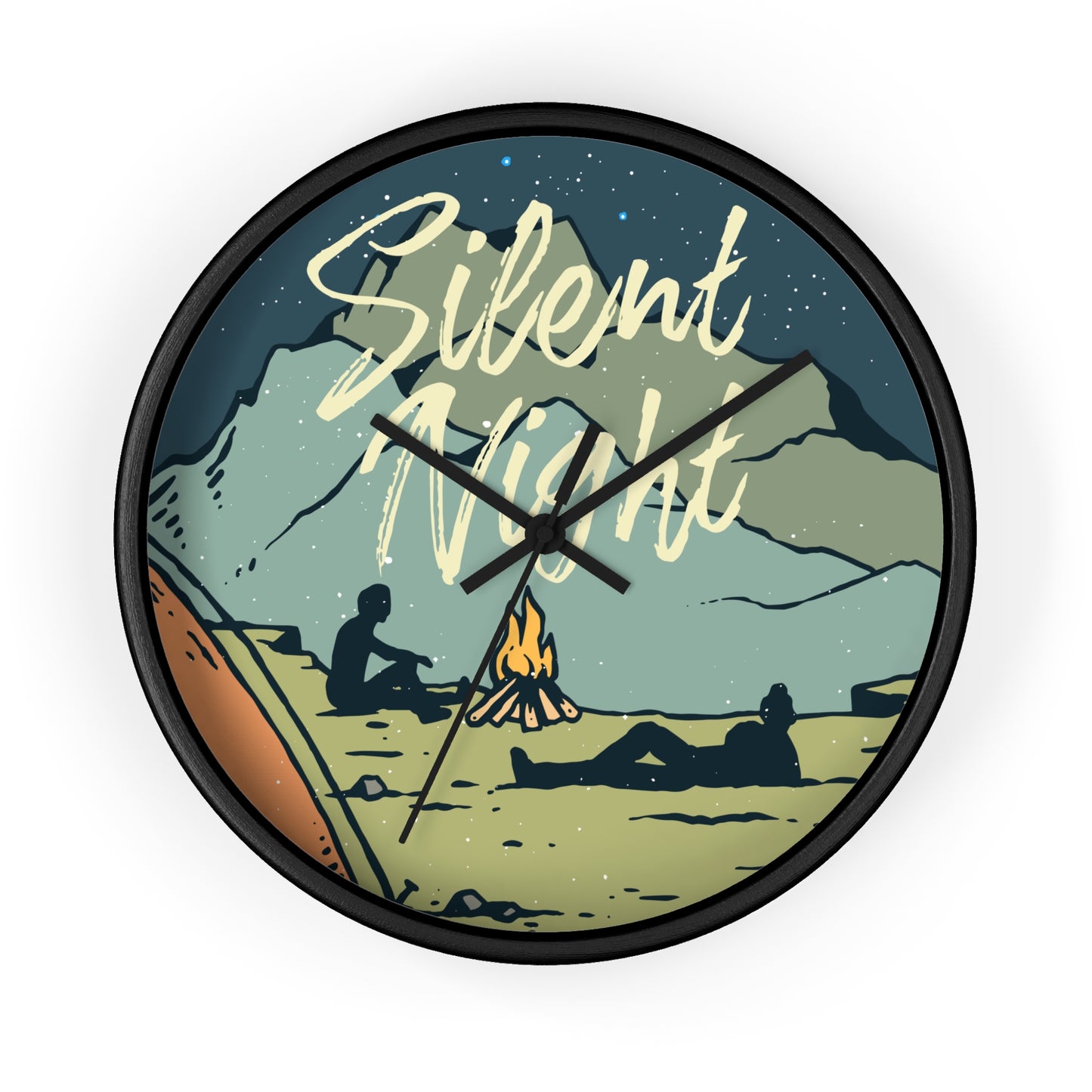 Silent Night Wall Clock - Cozy Nature Home Decor with Campfire and Mountain Scene