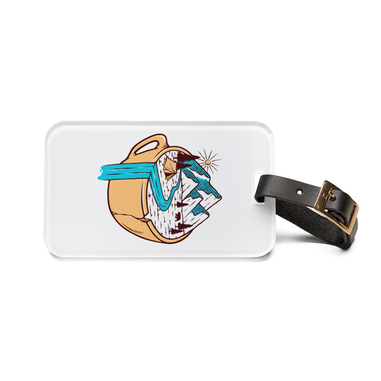Mountain Coffee Adventure Luggage Tag with Camping Nature Illustration